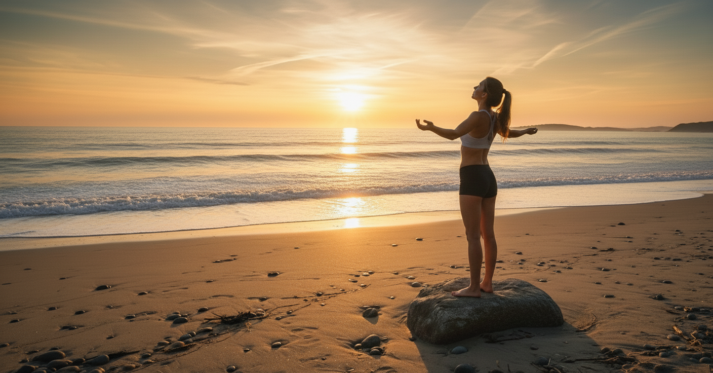 Mujer viendo el amanecer en la playa