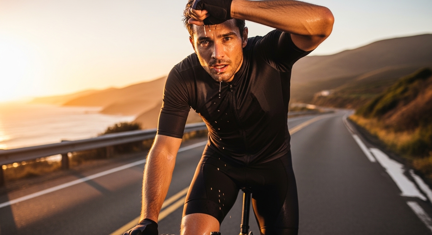 Hombre en bicicleta sudando