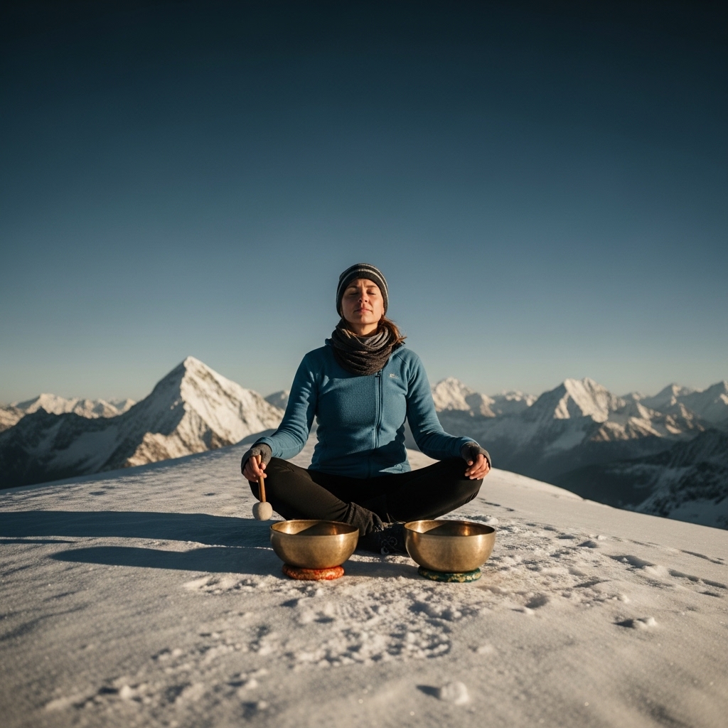 Mujer en montaña escuchando cuencos para sanarse