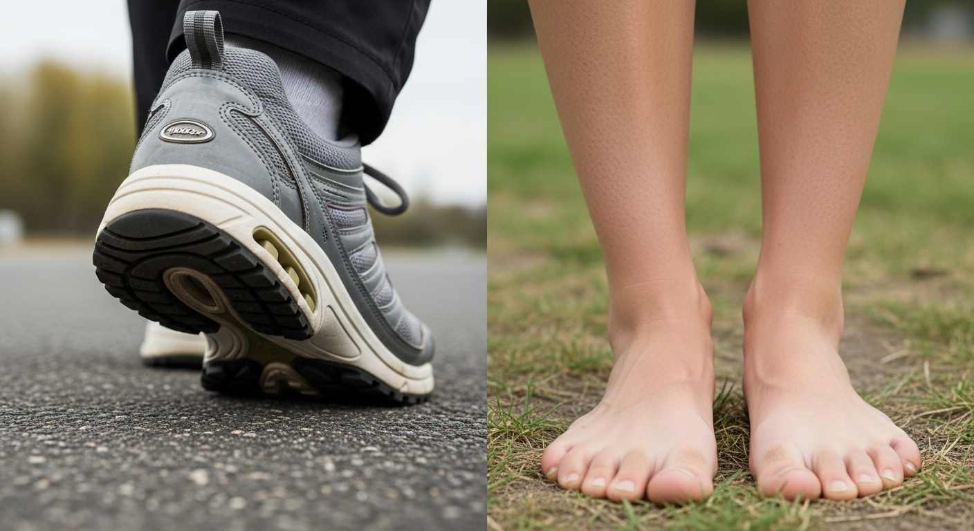 Tenis y persona descalza