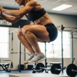 Mujer saltando caja en crossfit