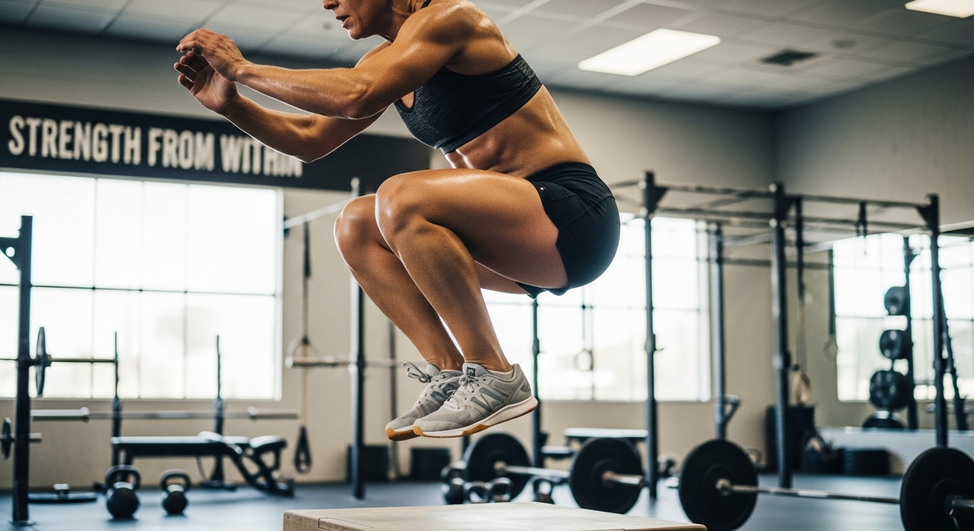 Mujer saltando caja en crossfit