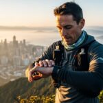 a person in their late 30s, pausing during a morning trail run on a mountain ridge
