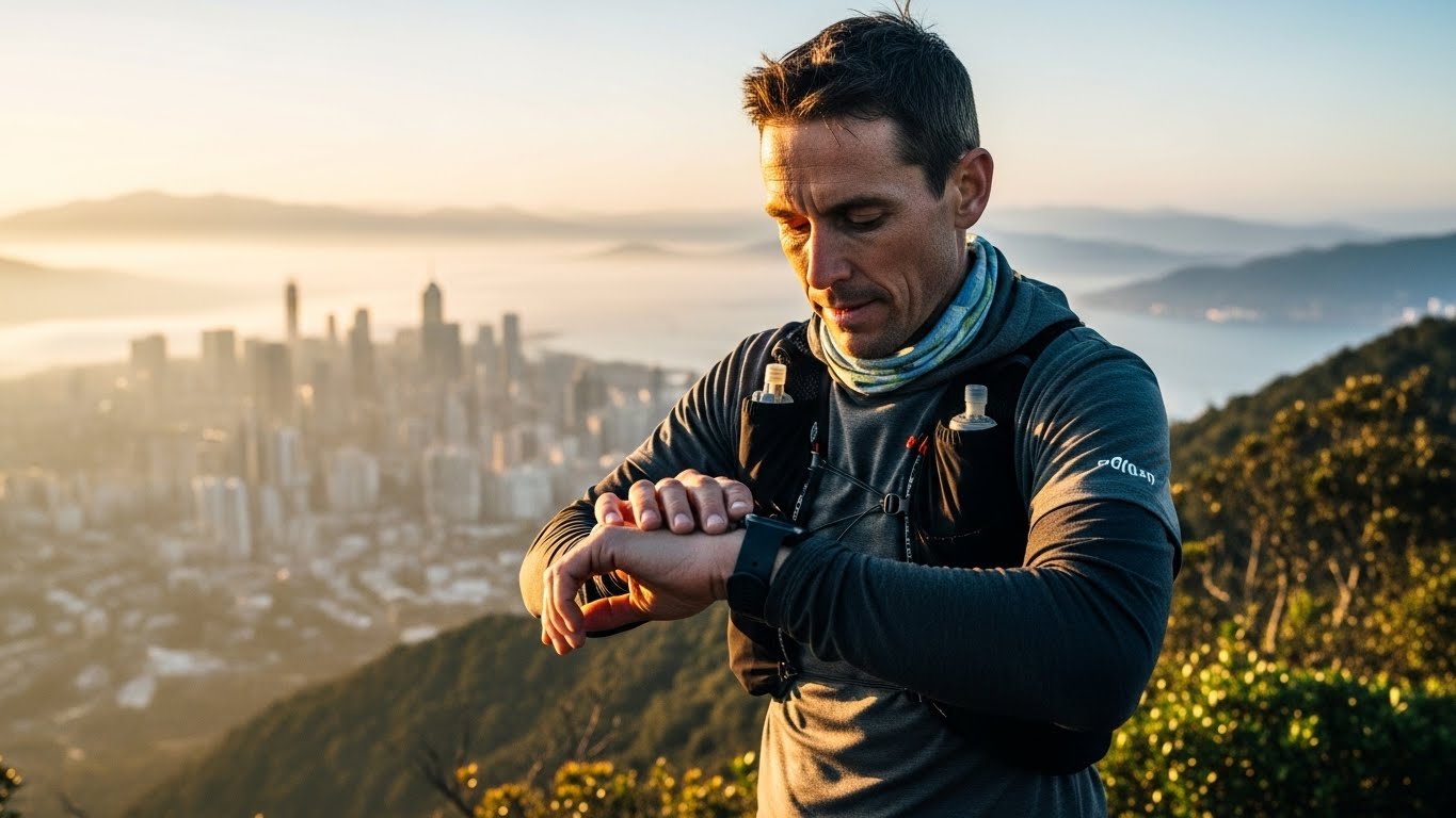 a person in their late 30s, pausing during a morning trail run on a mountain ridge