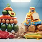 A hyper-realistic 3D cinematic render of a modern food pyramid made of vibrant, nutrient-dense foods (steak, eggs, avocado, salmon) physically crushing an old, dusty pyramid made of bread, corn, and cereal boxes. The background is a clean, futuristic laboratory setting with soft blue lighting. High contrast, 8k resolution, detailed textures.