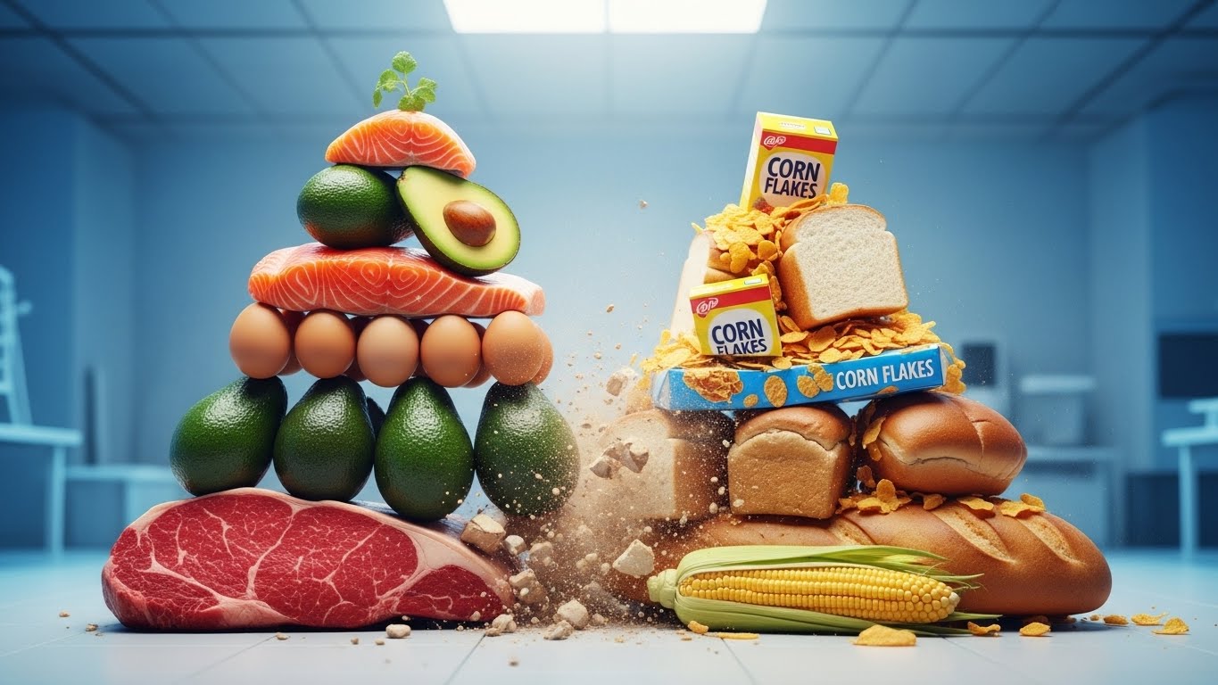 A hyper-realistic 3D cinematic render of a modern food pyramid made of vibrant, nutrient-dense foods (steak, eggs, avocado, salmon) physically crushing an old, dusty pyramid made of bread, corn, and cereal boxes. The background is a clean, futuristic laboratory setting with soft blue lighting. High contrast, 8k resolution, detailed textures.