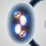 A hyper-realistic 3D medical illustration showing a human cell glowing with internal energy. Inside the cell, mitochondria are highlighted in luminous blue and gold light, representing biogenesis. To the left, a subtle DNA strand. To the right, a minimal abstract symbol of a clock (representing fasting). Clean white background, laboratory aesthetic, 8k resolution, cinematic lighting, macro photography style.