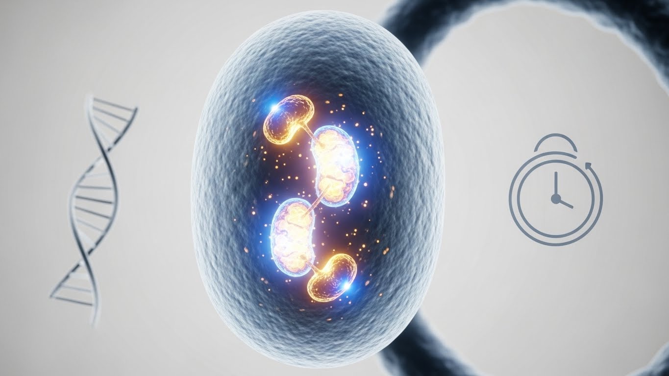 A hyper-realistic 3D medical illustration showing a human cell glowing with internal energy. Inside the cell, mitochondria are highlighted in luminous blue and gold light, representing biogenesis. To the left, a subtle DNA strand. To the right, a minimal abstract symbol of a clock (representing fasting). Clean white background, laboratory aesthetic, 8k resolution, cinematic lighting, macro photography style.