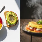 Split screen food photography. Left side: A trendy, colorful Acai bowl with granola and an avocado toast on a white table, bright flat lighting. Right side: A rich, steaming fluffy omelette filled with smoked salmon and goat cheese, cooked in golden ghee, rustic wooden table, moody warm lighting. Ultra-realistic, 8k resolution, cinematic food styling, contrast between 'sugary' and 'nutrient dense'