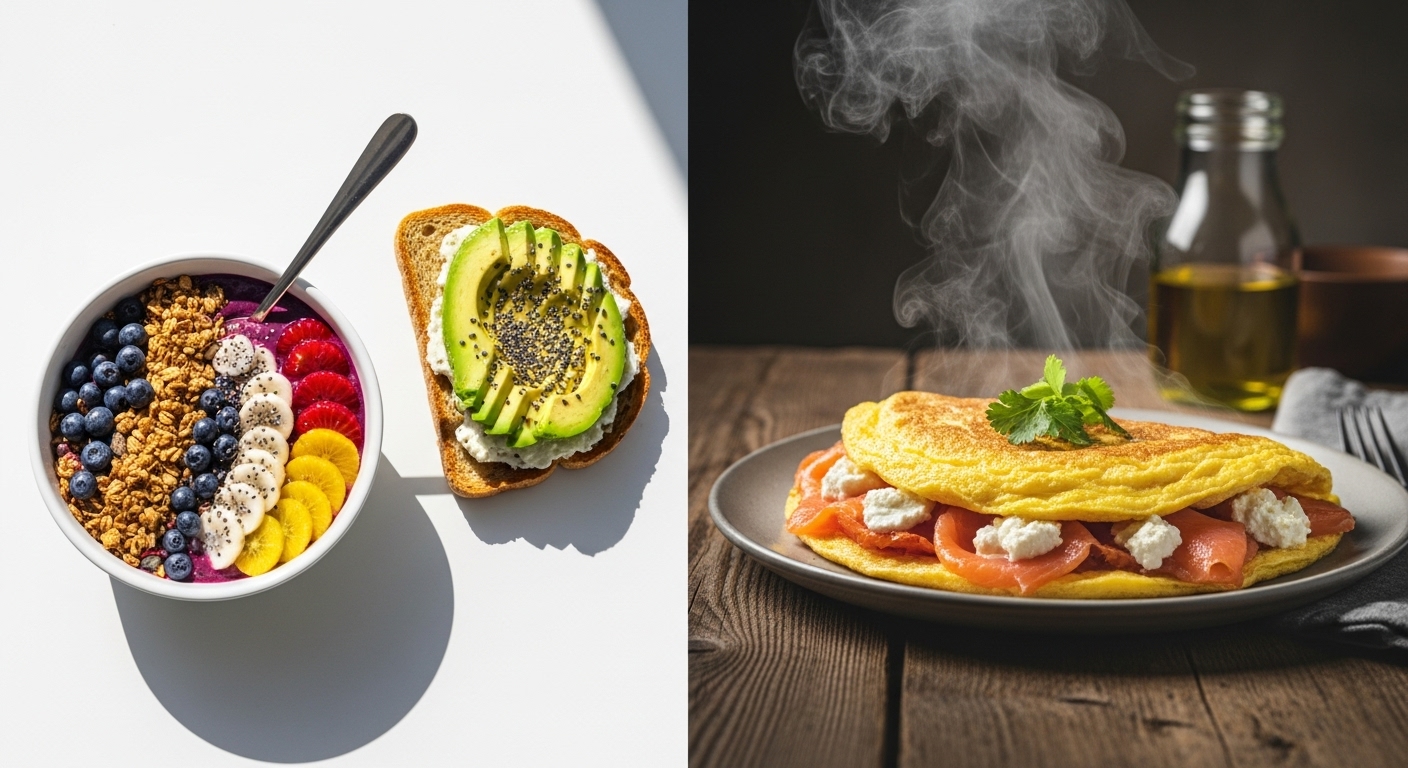 Split screen food photography. Left side: A trendy, colorful Acai bowl with granola and an avocado toast on a white table, bright flat lighting. Right side: A rich, steaming fluffy omelette filled with smoked salmon and goat cheese, cooked in golden ghee, rustic wooden table, moody warm lighting. Ultra-realistic, 8k resolution, cinematic food styling, contrast between 'sugary' and 'nutrient dense'