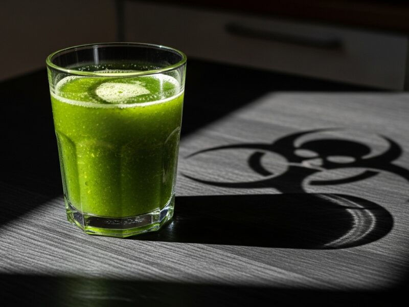 A glass of vibrant green juice sitting on a table, casting a shadow that forms the shape of a biohazard symbol or a skull. Cinematic lighting, dramatic contrast, photorealistic, high detail, symbolizing the hidden toxicity of detox diets.
