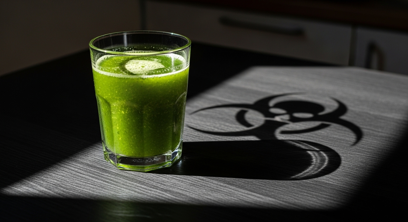 A glass of vibrant green juice sitting on a table, casting a shadow that forms the shape of a biohazard symbol or a skull. Cinematic lighting, dramatic contrast, photorealistic, high detail, symbolizing the hidden toxicity of detox diets.