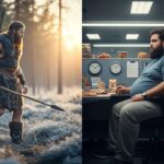 Viking in a sunlit, cold forest environment, looking lean and alert, holding a spear, symbolizing scarcity and intermittent eating. On the right: a modern chubby human sitting in a dim, fluorescent-lit office cubicle, surrounded by processed snacks and clocks