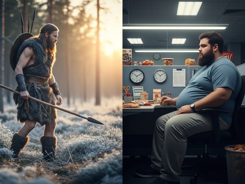 Viking in a sunlit, cold forest environment, looking lean and alert, holding a spear, symbolizing scarcity and intermittent eating. On the right: a modern chubby human sitting in a dim, fluorescent-lit office cubicle, surrounded by processed snacks and clocks