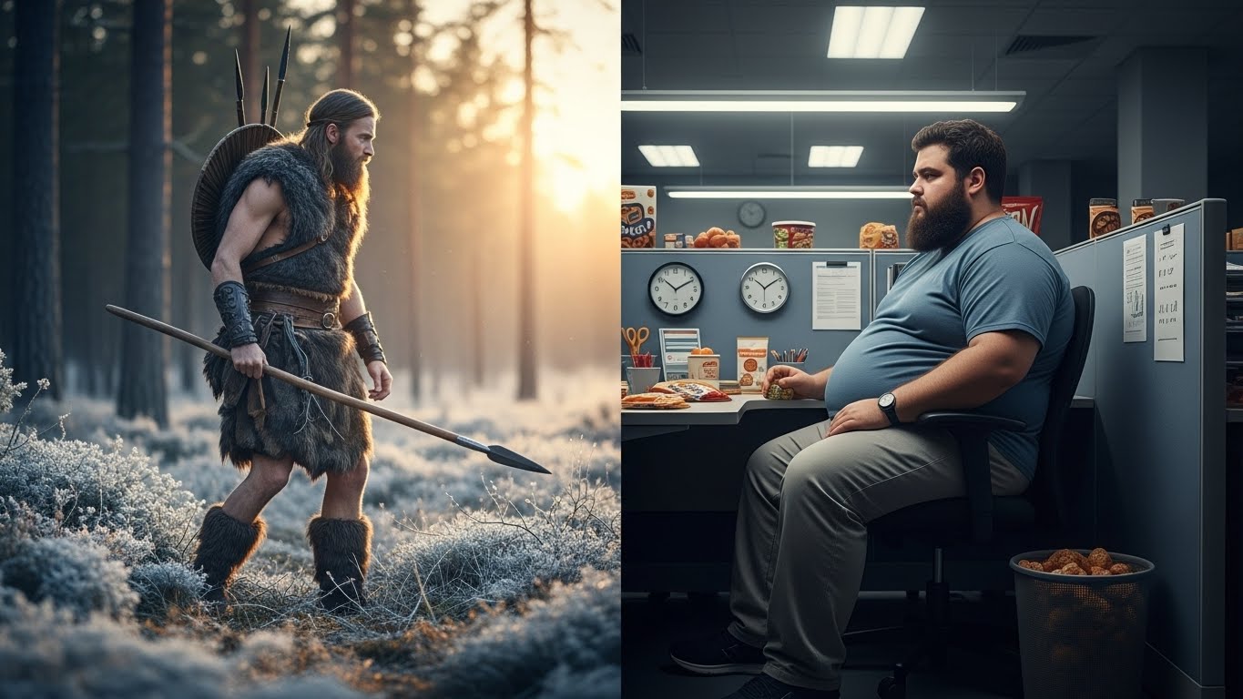 Viking in a sunlit, cold forest environment, looking lean and alert, holding a spear, symbolizing scarcity and intermittent eating. On the right: a modern chubby human sitting in a dim, fluorescent-lit office cubicle, surrounded by processed snacks and clocks