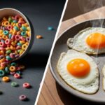 Photorealistic split-screen composition. On the left side: a chaotic, spilling bowl of neon-colored sugary cereal loops, harsh artificial lighting, looking dry and processed. On the right side: three perfect, steaming sunny-side-up organic eggs with bright orange yolks on a rustic ceramic plate, warm natural morning sunlight, avocado slices on the side. High definition, 8k resolution, cinematic food photography, macro details, sharp focus.