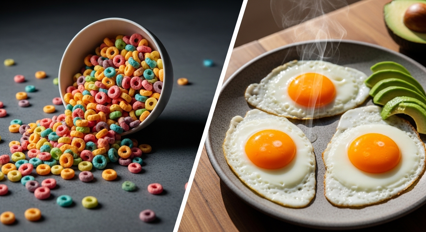 Photorealistic split-screen composition. On the left side: a chaotic, spilling bowl of neon-colored sugary cereal loops, harsh artificial lighting, looking dry and processed. On the right side: three perfect, steaming sunny-side-up organic eggs with bright orange yolks on a rustic ceramic plate, warm natural morning sunlight, avocado slices on the side. High definition, 8k resolution, cinematic food photography, macro details, sharp focus.
