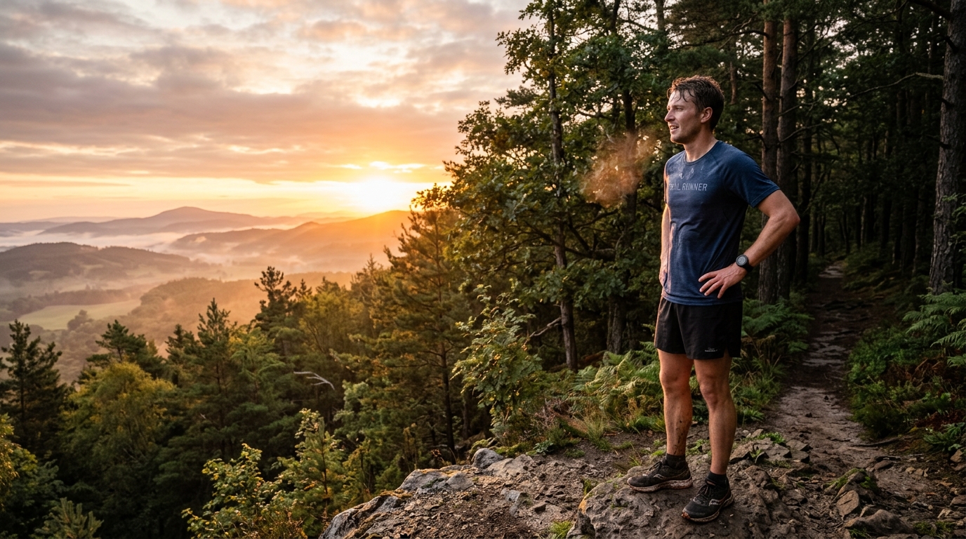 Man running in the forest sunrise