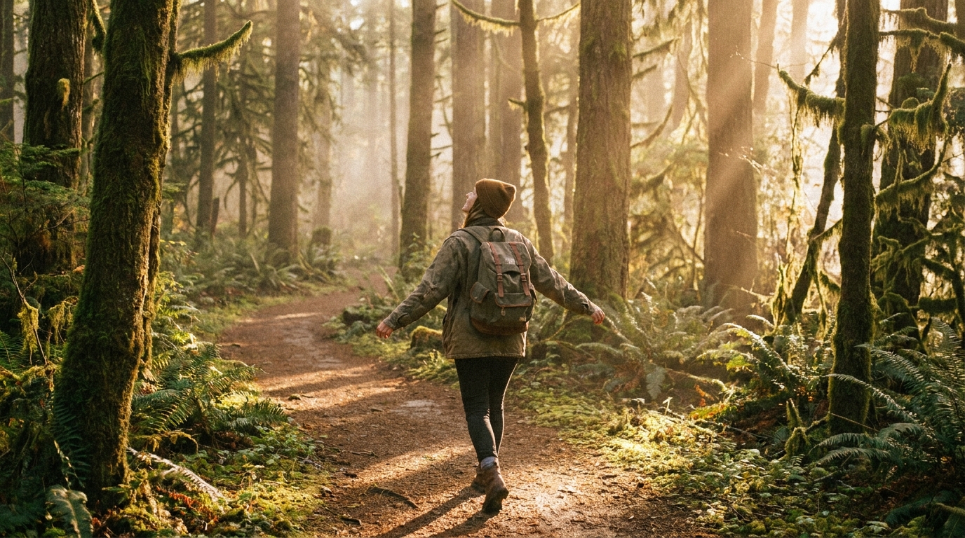 Person_walking_forest_path_202605021531 Persona caminando en el bosque