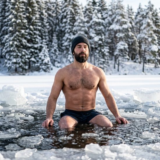 Person deep breathing frozen lake