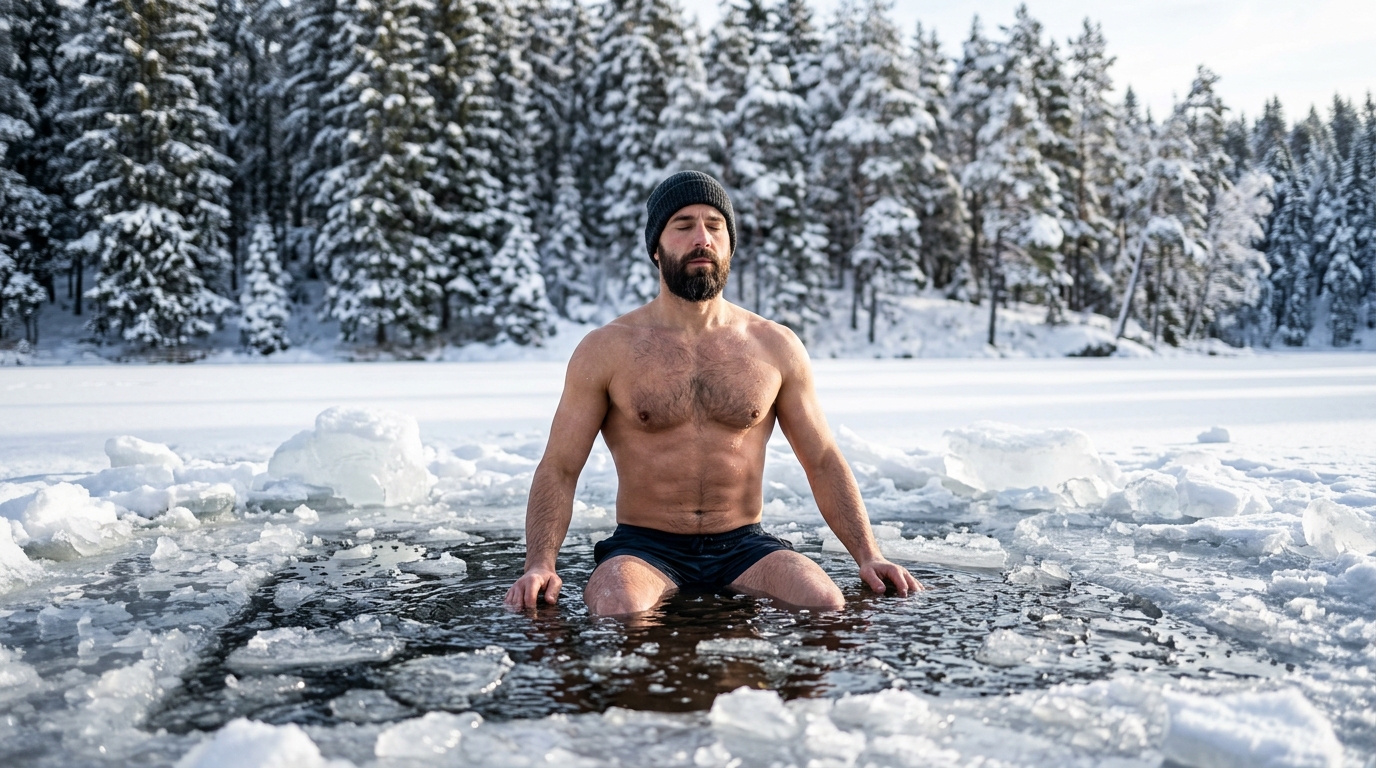 Person deep breathing frozen lake