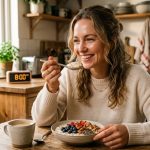 mujer desayunado avena y feliz