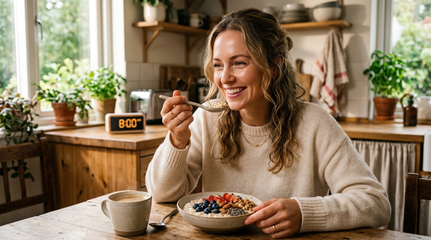 mujer desayunado avena y feliz