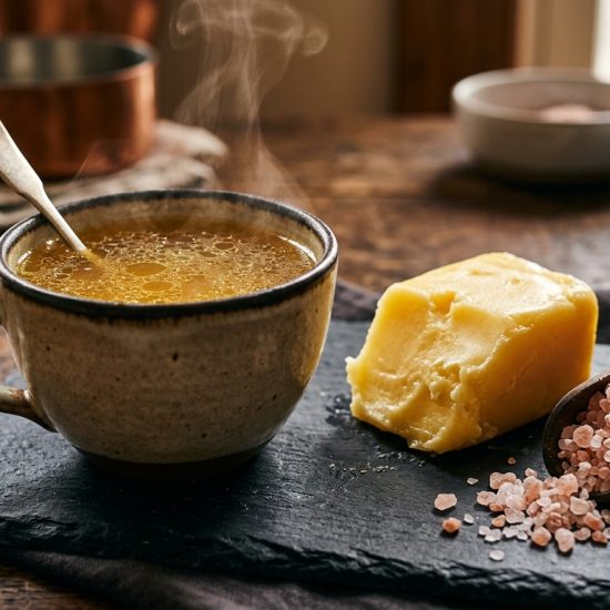 Luxurious and appetizing food photography composition. A steaming rustic ceramic cup of rich, glowing golden bone broth, a thick block of creamy grass-fed butter or ghee, and large coarse pink Himalayan salt crystals resting on a dark slate board. Warm, cinematic studio lighting highlighting the golden and amber hues of the broth and butter. Sharp focus, premium culinary aesthetic, gut healing wellness concept, highly detailed