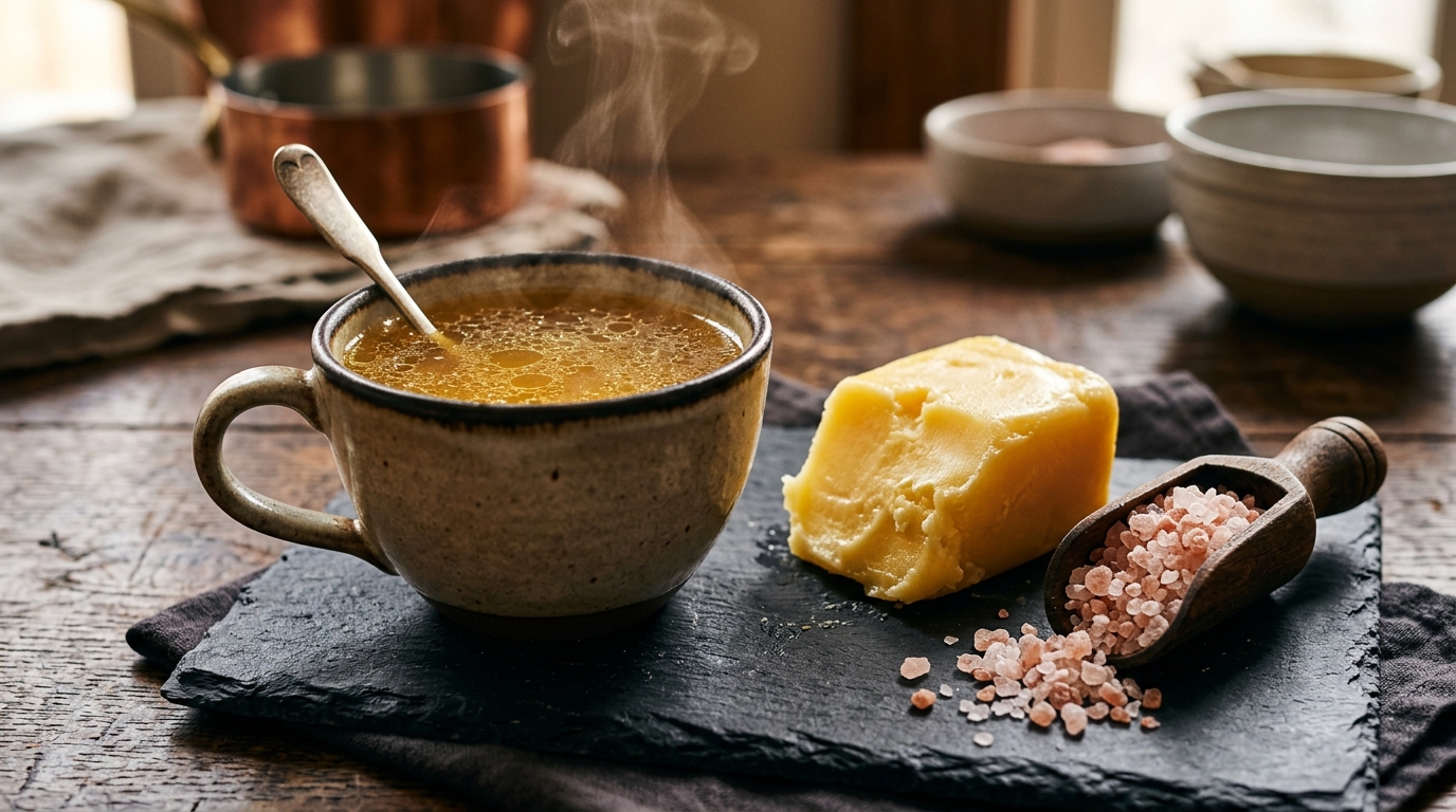 Luxurious and appetizing food photography composition. A steaming rustic ceramic cup of rich, glowing golden bone broth, a thick block of creamy grass-fed butter or ghee, and large coarse pink Himalayan salt crystals resting on a dark slate board. Warm, cinematic studio lighting highlighting the golden and amber hues of the broth and butter. Sharp focus, premium culinary aesthetic, gut healing wellness concept, highly detailed